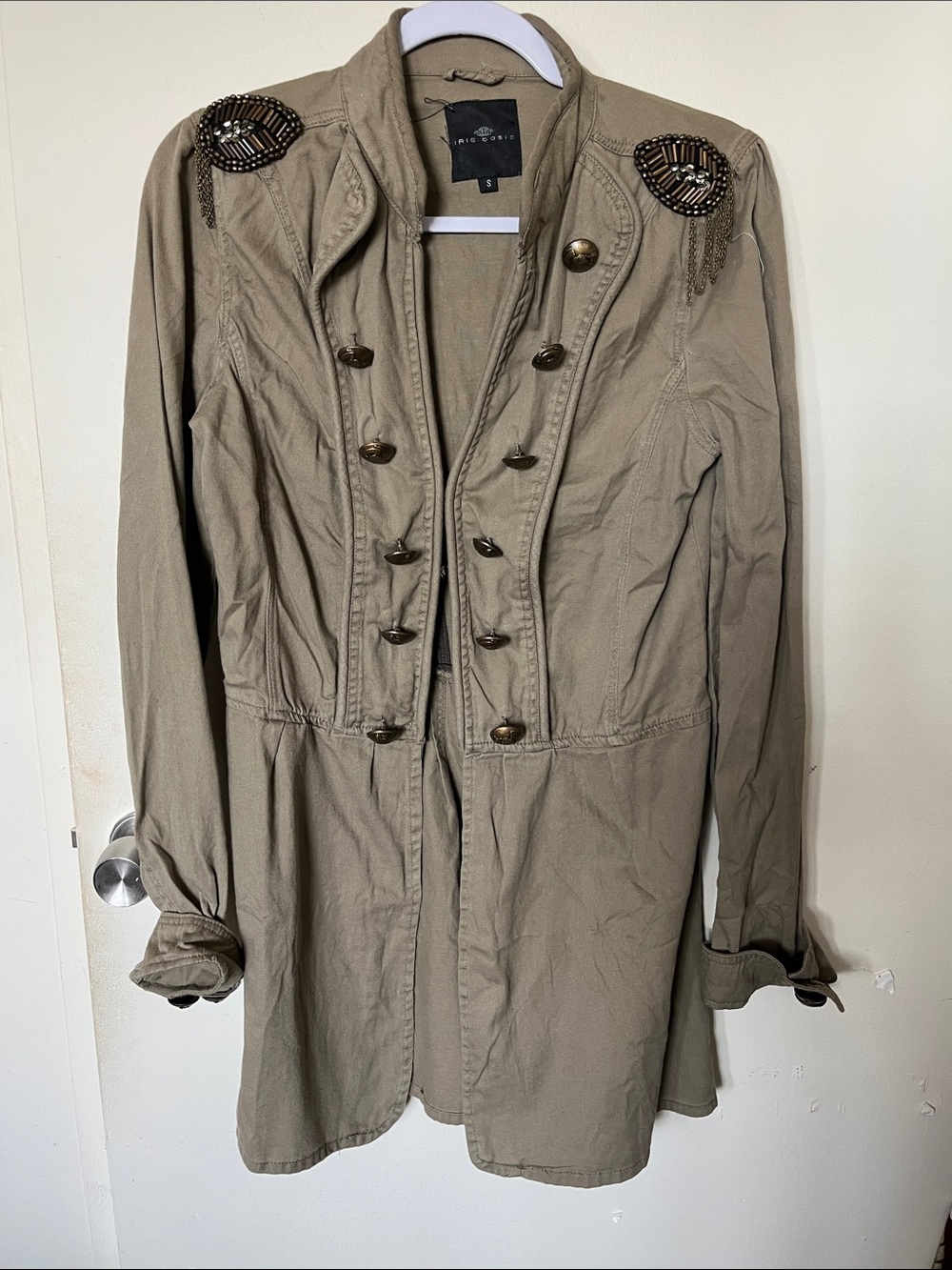 Iris Basic Women's Khaki Military-Style Coat Beaded Shoulder Detail Size S